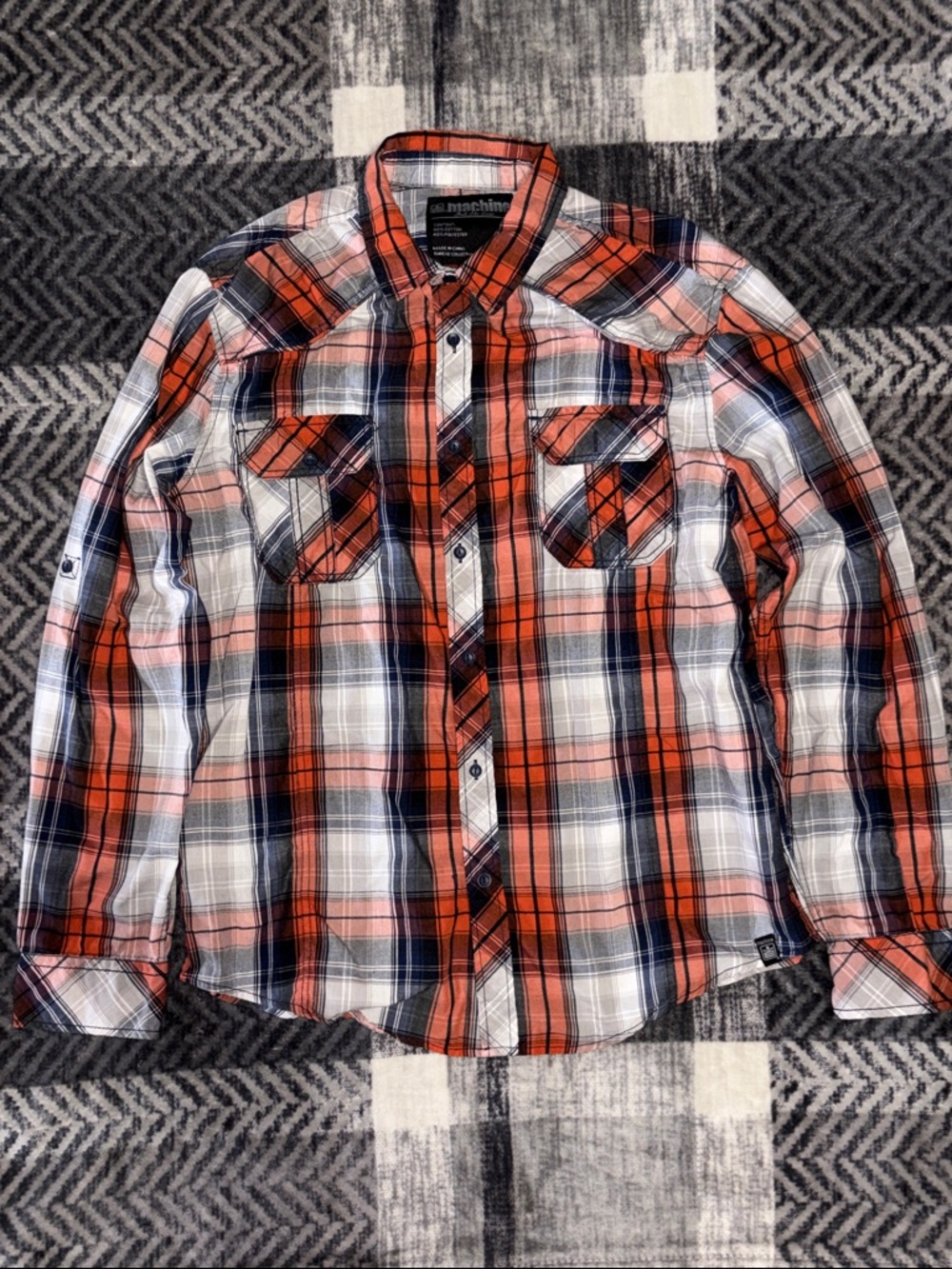 🐢Machine Orange Navy and White Plaid Button-Down Shirt